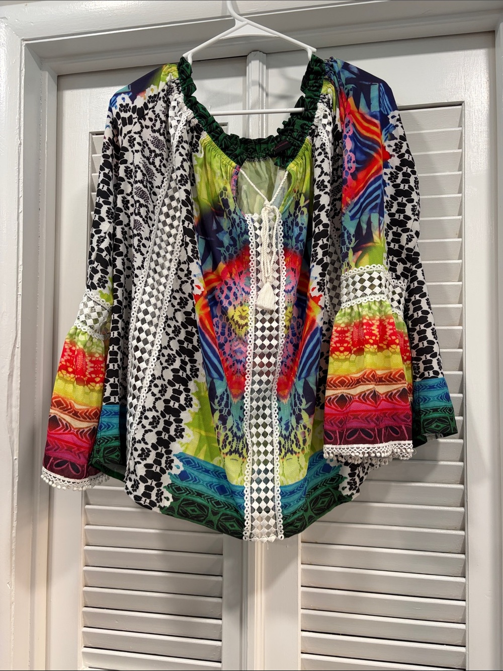 Multicolor Boho Peasant Tunic Top with Lace Trim